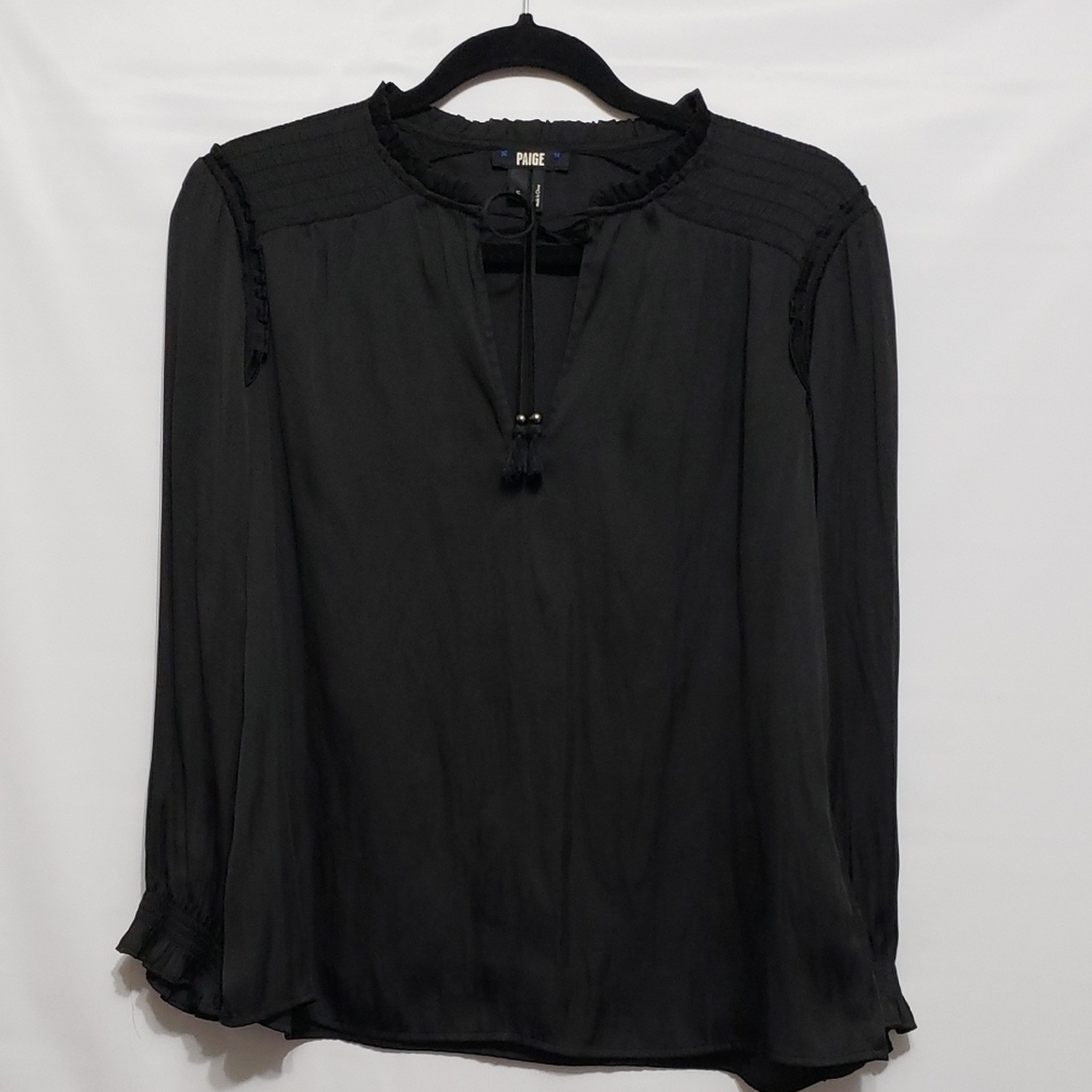 PAIGE Kaylynn Elegant Black Long Sleeve V-Neck Ruffles Neck Collar Blouse‎